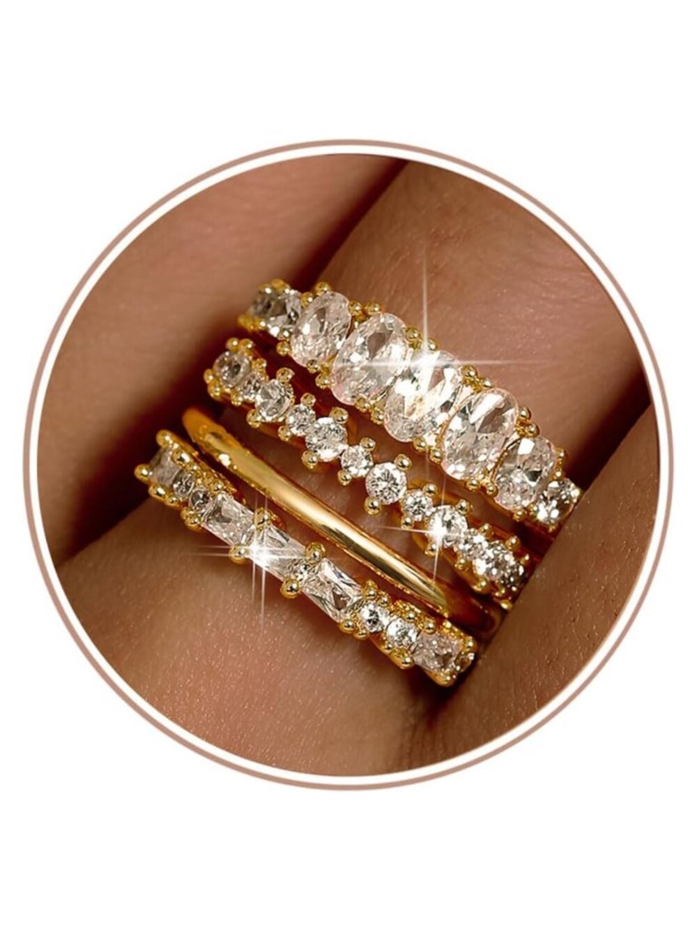 14K Gold Plated Stackable Rings Cubic Zirconia Wedding Bands Set